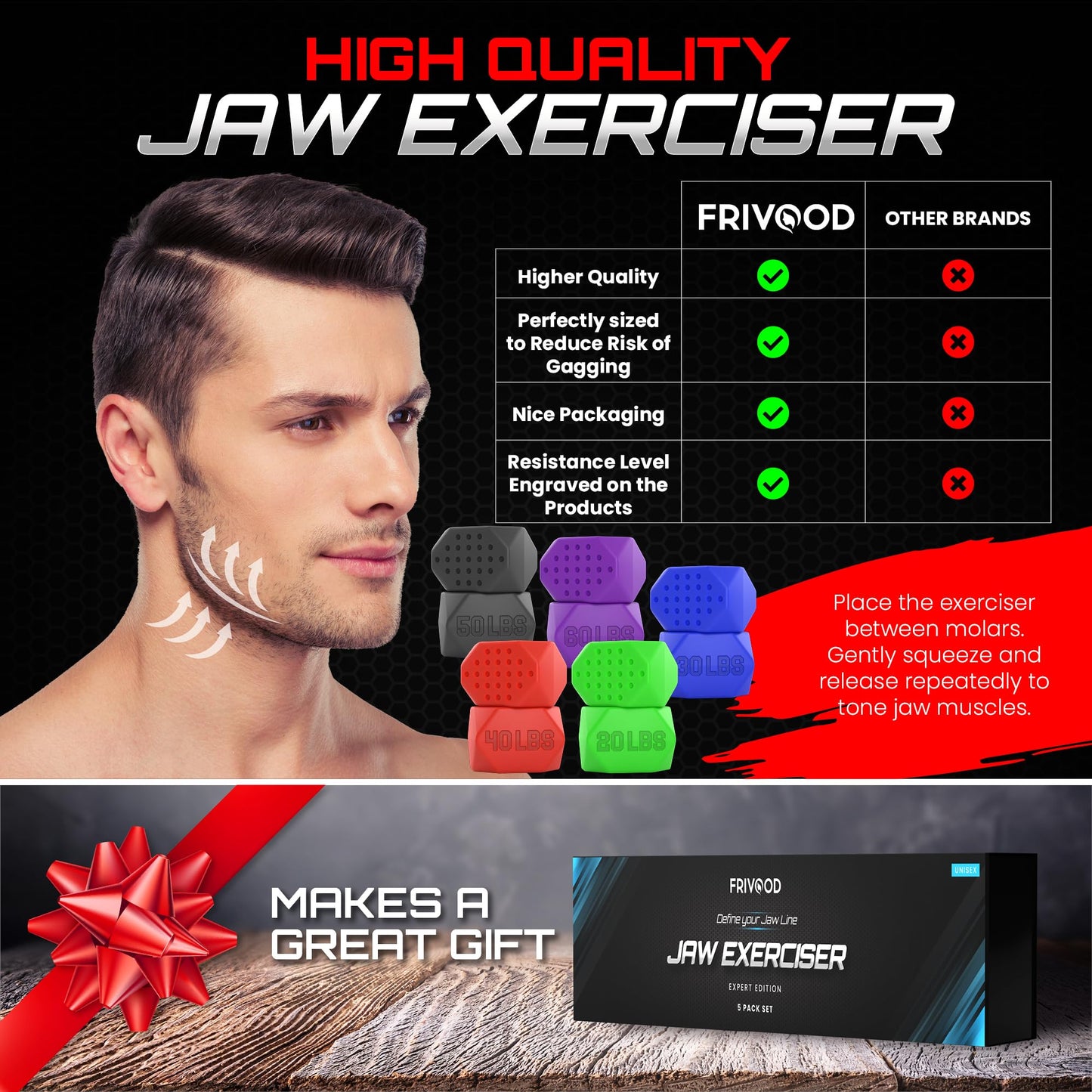 Jaw Exerciser For Men & Women By FRIVOOD- 10-Piece Silicone Jawline Exerciser Set For Defined Jawline- Jaw Toner Device With 5 Resistance Levels (Expert)