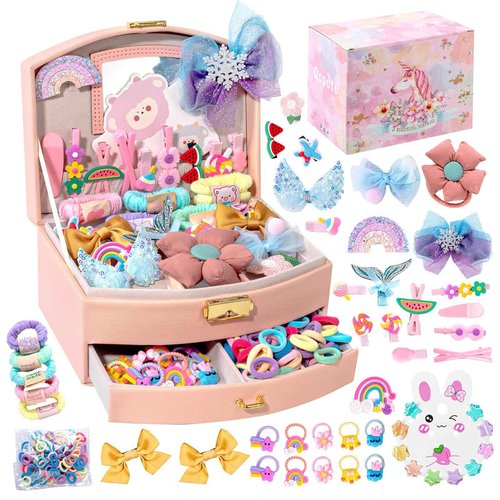 Qopoto Hair Accessories Kits for Girls, Hair Set for Girls Including Gift Box/Hair Clips/Hair Barrettes/Hair Ties/Hair Bows, Little Girls Teen Girl Birthday Gifts Age 4-15 (Pink with Case)