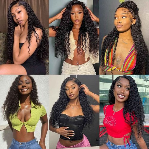 Deep Wave Human Hair Bundles 10 12 14 Inch 100% Unprocessed Brazilian Virgin Human Hair 3 Bundles for Women Wet and Wavy Hair Extensions Natural Black