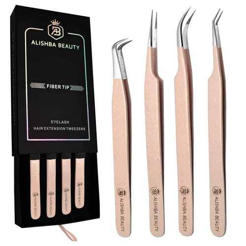 LUMESS Alishba Beauty Eyelash Extension Tweezers, Precision Fiber Tip Grip Japanese Stainless Steel (Set of 4 Eyelash Tweezer) (GLITTER PEACH PINK)