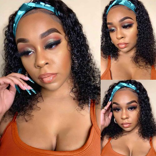Maytune Headband Wig Curly Human Hair 14 Inch Headband Wigs Glueless Deep Wave None Lace Front Wigs for Black Women Water Wave Headband Wigs 150% Density Natural Color