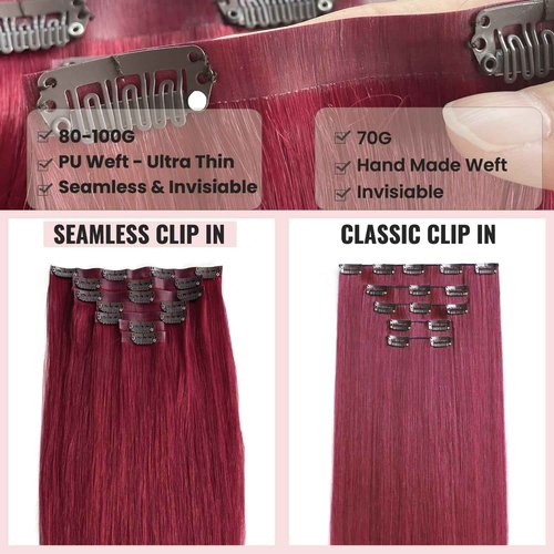 Hair Extensions Burgundy Clip in Hair Extension Real Human Hair Clip on Hair Extensions for Women 16 Inch 100G 7 Pcs