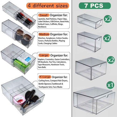 MINIBIGBOX 7 Pack Stackable Storage Drawers Acrylic Bathroom Makeup Organizer Clear Plastic Storage Bins for Makeup,Vanity,Pantry,Desk,Undersink,Kitchen