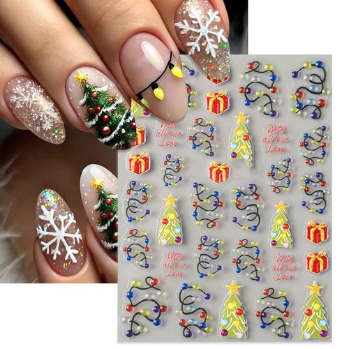IDDFEVE 2 Sheets Embossed Christmas Nail Stickers, 5D Colorful Light String Self-Adhesive Nail Art Decals for Women Girls DIY Winter Xmas Tree Manicure