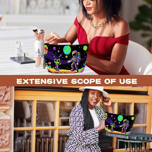 BUYIDUI Astronaut and Alien Trippy Makeup Bag Cosmetic Bag for Women Girls,Portable Makeup Bags Travel Toiletry Bag Organizer