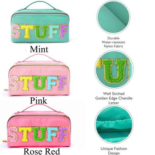 LONEDREAM 3Pcs Stoney Clover Preppy Makeup Bag, Stuff Bag Travel Makeup Cosmetic Bag, Chenille Letter Patch Open Flat Nylon Pouch, Mixed