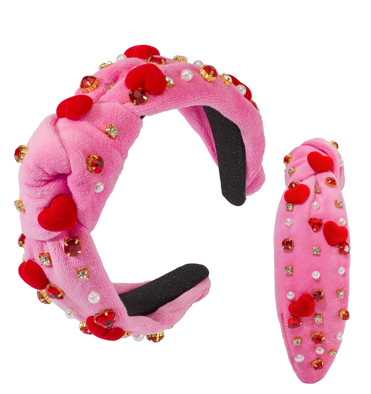 Valentine's Day Rhinestone headband for women Red Heart Love Charm Embellished Top Pink Hairband Twist Wide Hair Band (Valentine pink-red heart)