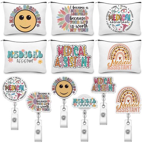 Kacctyen 12 Pcs Christmas Medical Assistants Gifts for Women 6 Boho Makeup Bag 6 Badge Holder Retractable Badge Reels Medical Assistant Appreciation Gift for MA Doctor Nurse Rn Accessories Essentials