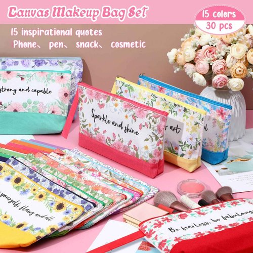 Silkfly 15 Pcs Flower Canvas Makeup Bags Bulk 10.2 x 5.5 x 2 Inches Inspirational Canvas Cosmetic Bag Spring Travel Toiletry Pouch with Zipper Inspirational Gifts for Women