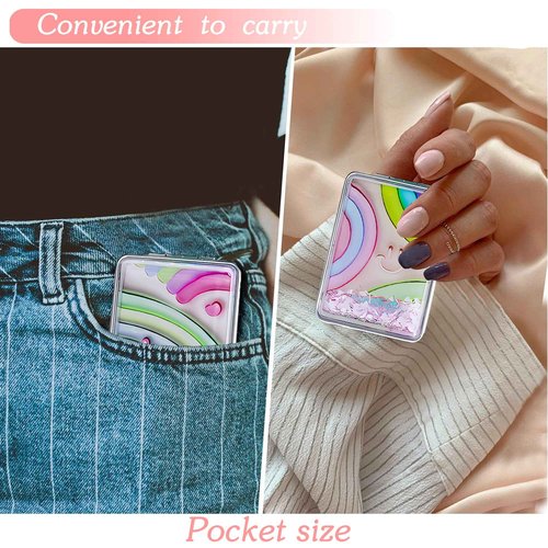 DOOSAI Cute Rainbow 4 Pcs Pocket Mirror Kits for Purse, Quicksand Portable Small Travel Makeup Mirror with 1X/2X Magnifying, Square Foldable PU Leather Cosmetic Mirror for Children and Girls