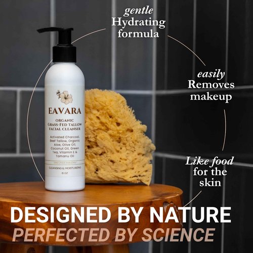 Eavara Beef Tallow Face Wash – Natural and Hydrating with Activated Charcoal, Aloe, Hyaluronic Acid, and Green Tea – Facial Cleanser with Grass Fed Beef Tallow – Face Wash for Women and Men – 6oz Pump