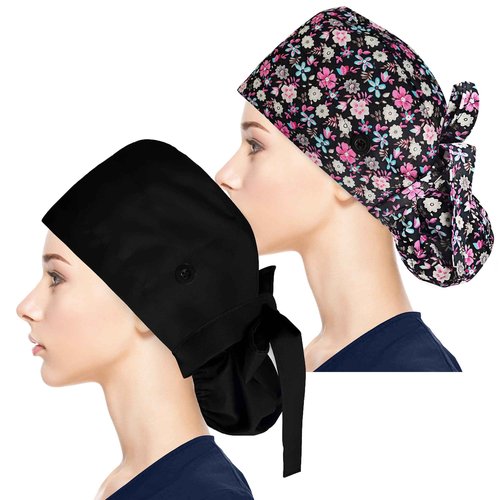 Adjustable Working Caps with Button & Sweatband, Women Ponytail Pouch Hats, Long Hair (Red Flower+Black)