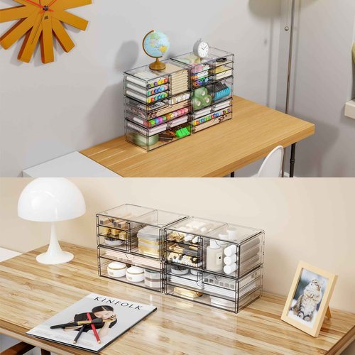 Yieach 2 Pack Acrylic Drawer Organizer With 6 Drawers,Stackable 11.1” Large Clear Storage Drawers and Makeup Organizer For Vanity,Bathroom Countertop,Cabinet,Pantry,Office Supply Storage Bins Drawers