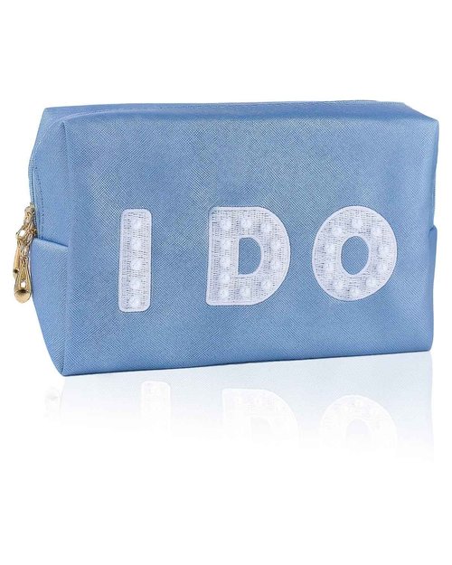 LIWOFLY Personalized Cosmetic Bag Pearl Monogram, Cute custom Makeup Bags for Women Girls Leather Bridesmaid Travel Makeup Bag, Aesthetic Toiletry Bag Organizer Storage Pouch, Blue I DO