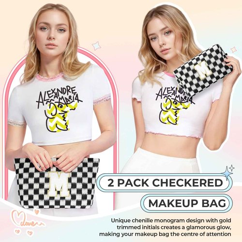 Silongder 2PCS Checkered Makeup Bag for Women Personalized Initial Letter Makeup Bag Travel Toiletry Bag Organizer Cute Makeup Brushes Storage Bag Mother's Day Birthday Gift for Women (Black S)