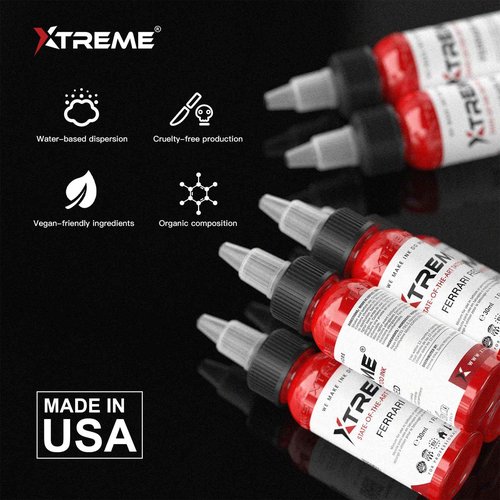 Xtreme Tattoo Ink Ferrari Red 1 OZ Versatile Medium Viscosity for Precision Tattooing, Rich Hue, Quick Healing, Acrylic-Free, Water Based, Ready-to-Use Tattoo Ink