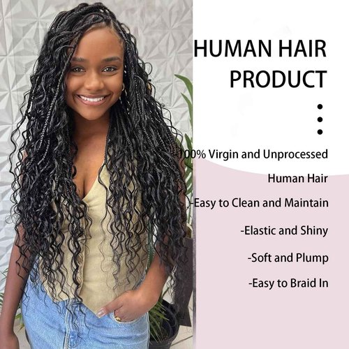 Human Braiding Hair for Boho Braids 100g 2 Bundles/Pack 16 Inch Curly Boho Hair for Braiding Knotless 12A Deep Wave Bulk Bohemian Natural Black