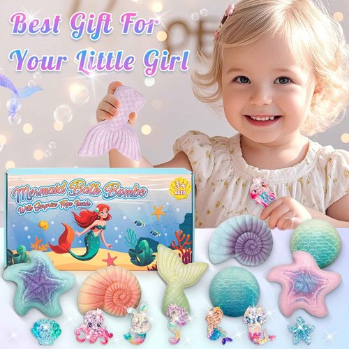 8 Packs Bath Bombs for Kids Girls, Mermaid Bath Bomb with Surprise Toys Inside, Princess Bubble Bath Toys for Kids Aged 4-8, Christmas Birthday Gifts for Girls 3 4 5 6 7 8