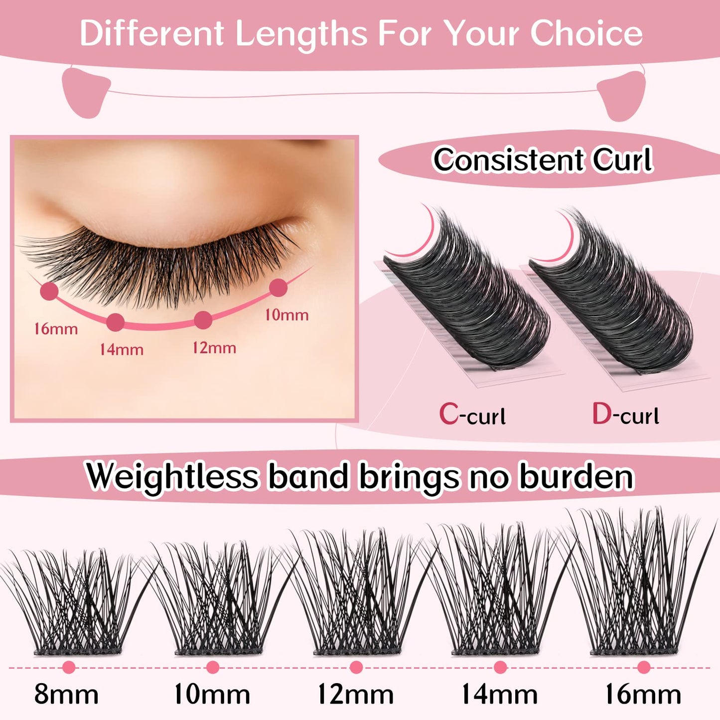 Cluster Lashes 72 Pcs Lash Clusters DIY Eyelash Extension Eyelash Clusters Individual Lashes D-8-16mix Thin Band Easy to Apply at home Lashes(First Glance,D-8-16mix)