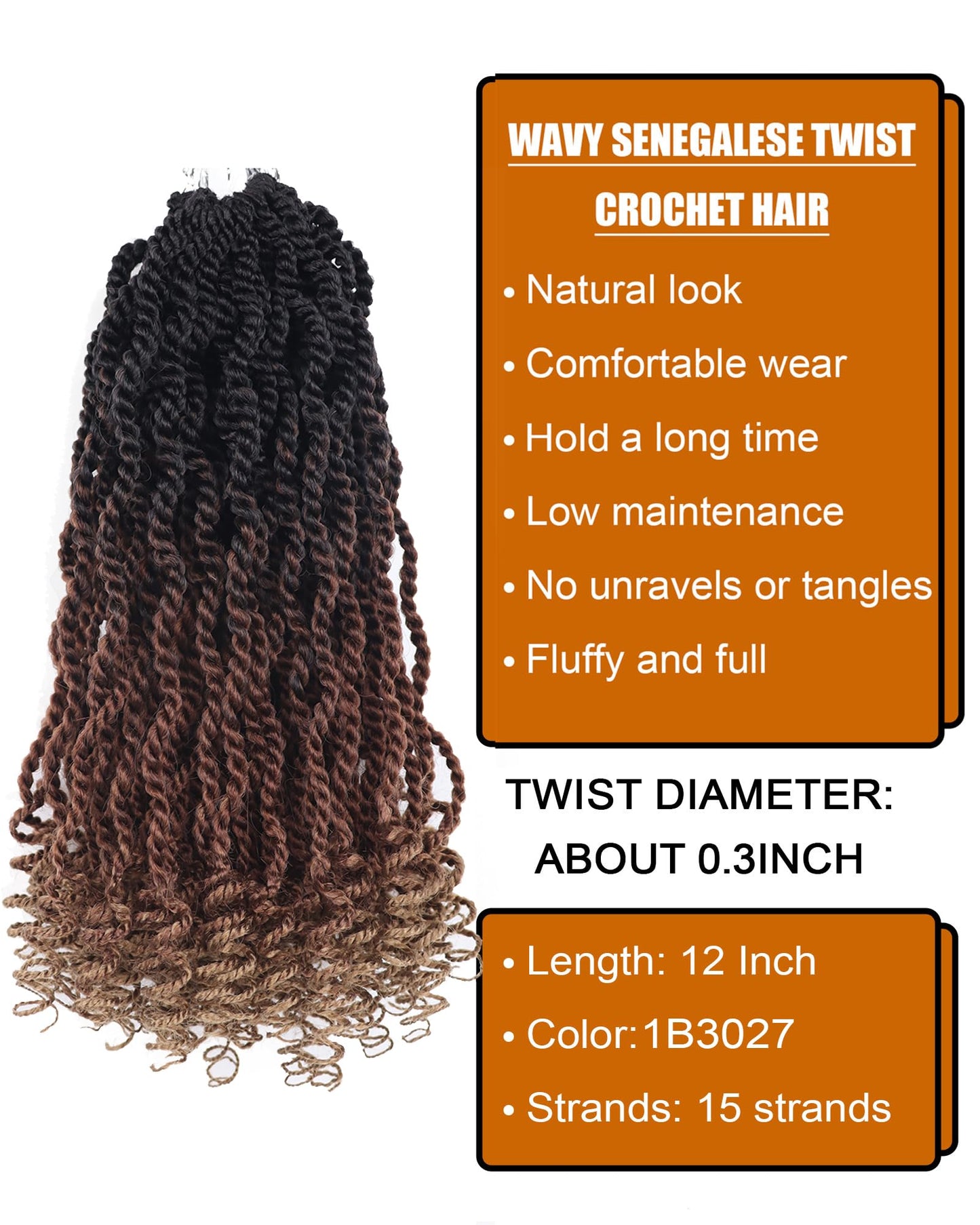 Senegalese Twist Crochet Hair for Kids 12 Inch 3 Tone Crochet Senegalese Twist Hair for Black Women Pre Looped 8 Packs Kinky Twist Crochet Hair (12 Inch,1B3027)