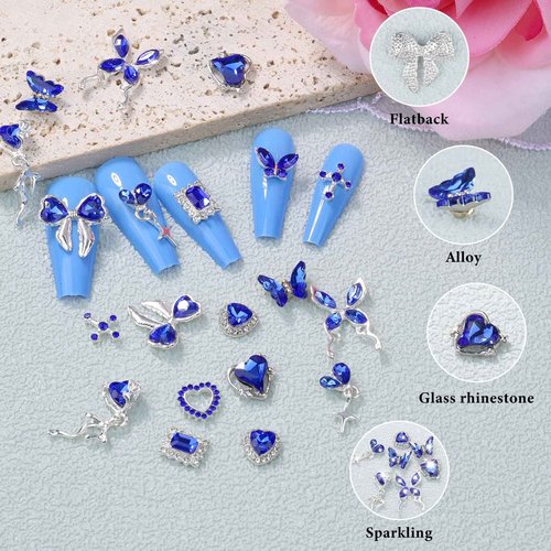 editTime 24pcs Silver Metal Alloy 3D Luxury Nail Rhinestones Kit Punk Y2K Star Moon Heart Love Butterfly Cross Crown Rhomboid Rhomboid Balloon Pendant Flat Back Nail Charms Decoration (blue-24pcs)