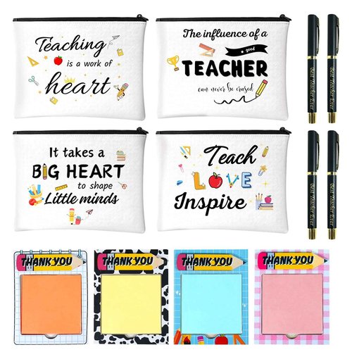ONEHAUS Teacher Gifts 4 Set, Teacher Appreciation Gifts in Bulk Thank You Best Teachers Gift, Gift for Teachers Makeup Bag, Sticky Note, Pen for Graduation End of Year Back to School Christmas
