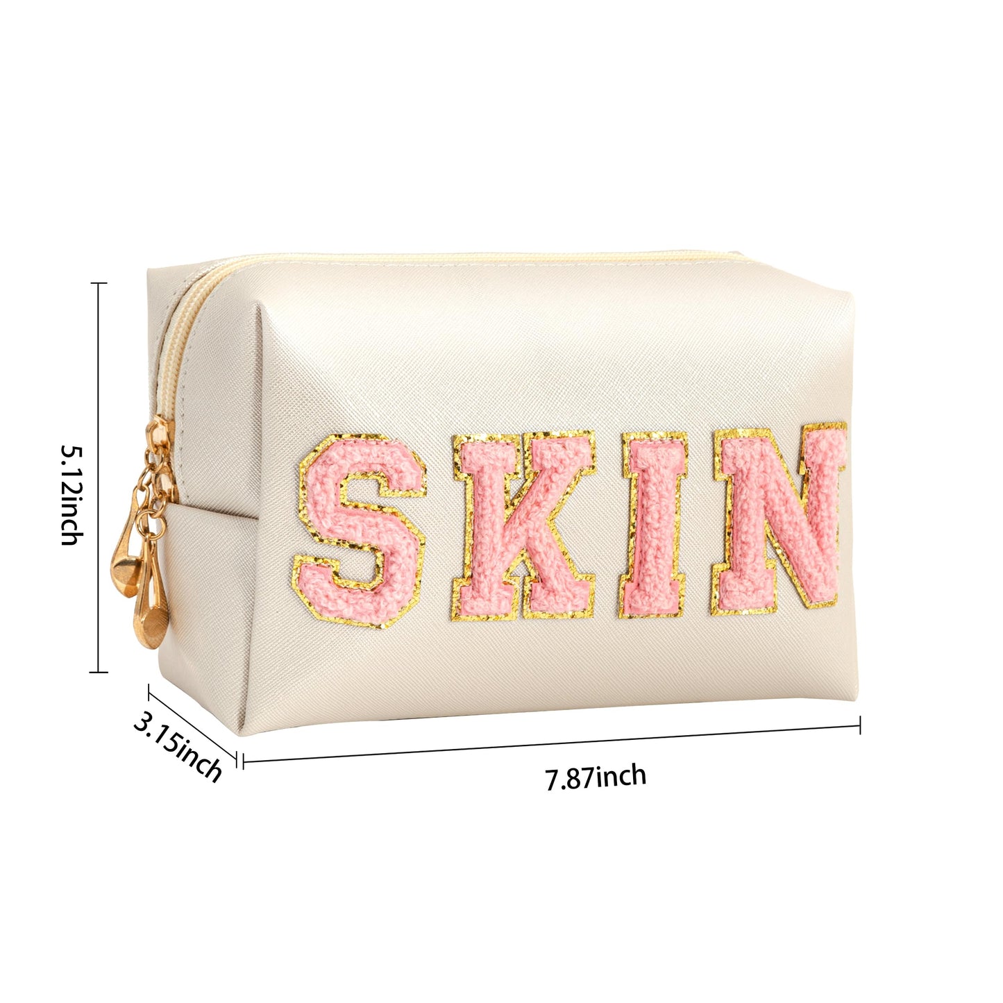 Vorey 2PCS Preppy Makeup Bag for Women Travel Toiletry Bag Chenille Letter Cosmetic Bag PU Leather Waterproof Pouch Cute Zipper Organizer, Skin and Face