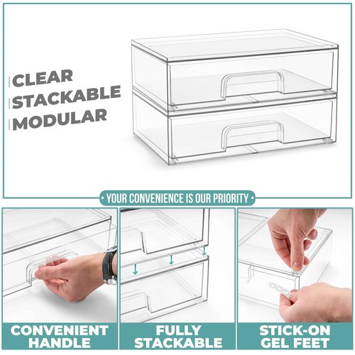 Sorbus Acrylic Storage Containers - 2 Pack, Stackable Storage Bins Set for Bathroom Organization - Clear Acrylic Drawer Organizers - Makeup Case Pull-Out Drawers (12.1’’ Wide)