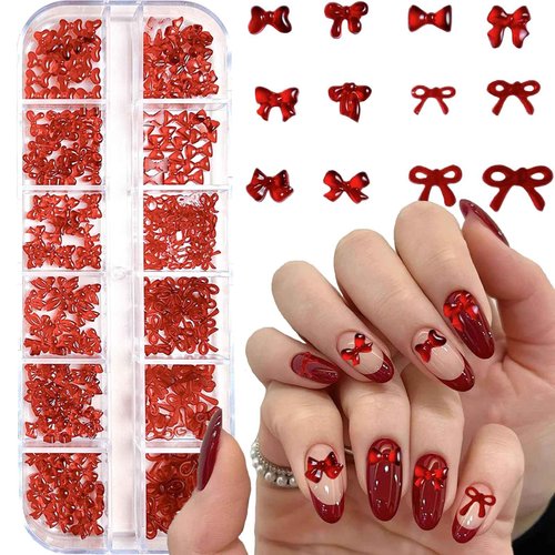 12Grid Bow Nail Charms 3D Red Bowknot Nail Art Rhinestone Design Nail Supplies Cute Nail Art Charms Mini Nail Bows Accessories for Women Manicure DIY Jewels Decoration