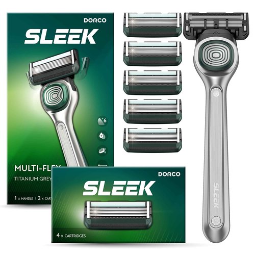 DORCO SLEEK 6 Blade Razor for Men with 6 Cartridges | Men's Cartridge Razors with Razor Handle and Smooth Shaving Blades | Men’s Razors with Multi-Flex Technology