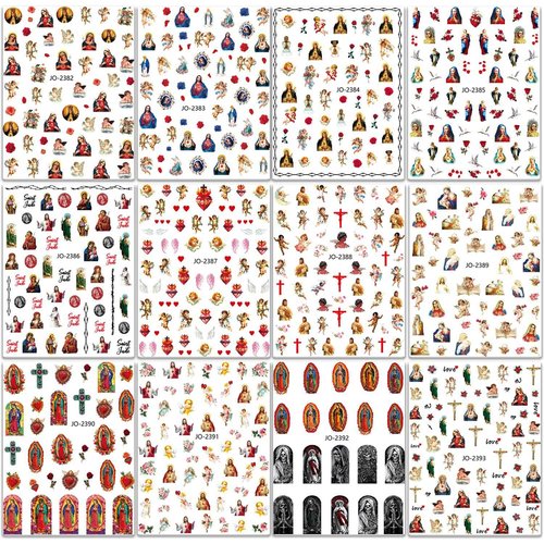 God Jesus Nail Art Stickers Decals, Christ Virgin Maria Love Cupid Angel Satan Nail Self-Adhesive Sticker Designs, Holographic 3D Angel Nail Transfer Decal for Women Girls Manicure Tips Decorations