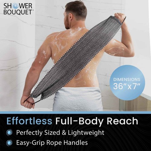 SHOWER BOUQUET Charcoal-Loofah XL 4-Pack & Japanese-Exfoliating-Washcloth 2-Pack for Back & Body // 4 Extra Large Bath Sponges Plus Silver Ion Infused Exfoliating Towel with Handles, 2 Charcoal White
