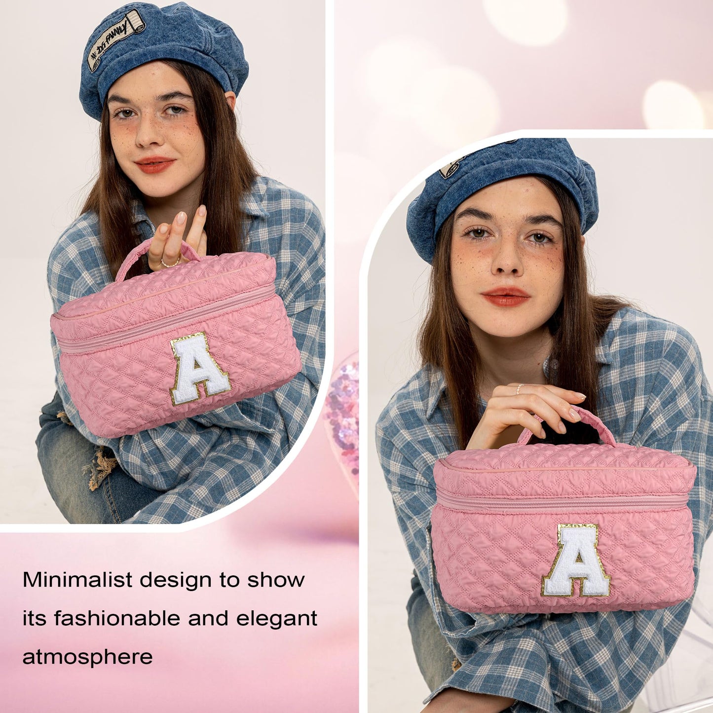 YOOLIFE Makeup Bags for Teens Gifts - Toiletry Bag Cotton Checkered Letter Makeup Bags for Women Cosmetic Bag Travel Must Haves Travel Makeup Bag Large Makeup Bag Daughter Sister Gifts Pink Letter L