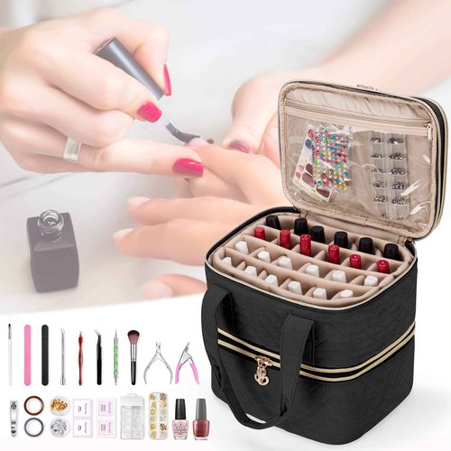 Yarwo 3 Layers Nail Polish Organizer Holds 48 Bottles (15ml/0.5 fl.oz), Detachable Nail Polish Case with Adjustable Dividers, Travel Case for Manicure Set, Black (Bag Only, Patent Pending)