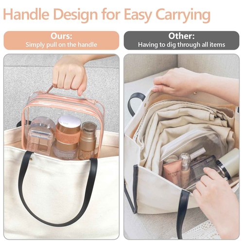 PACKISM Clear Makeup Bag - 2 Pack TSA Approved Toiletry Bag with Handle and 180° Large Opening, Clear Toiletry Bag Fit Carry-on Travel Essential, Travel Bags for Toiletries, Rose Pink