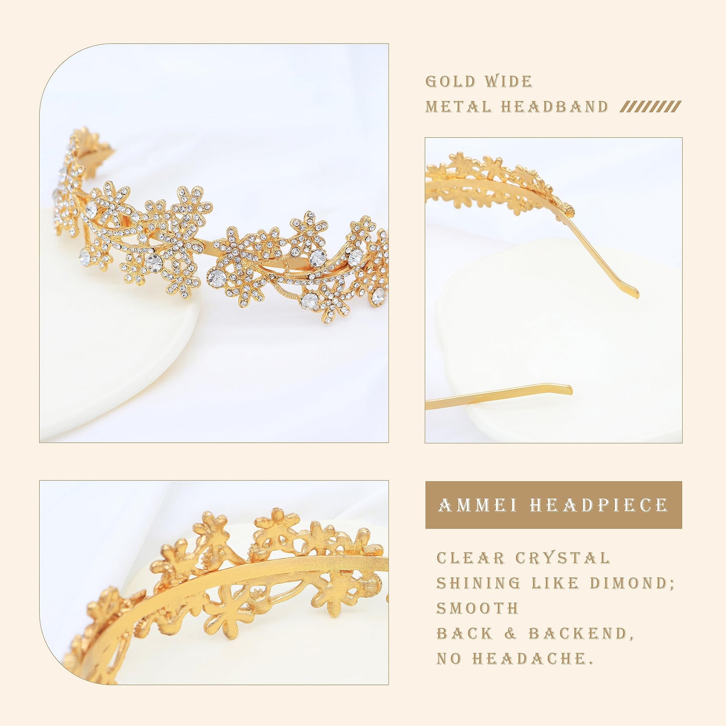 Ammei Headpiece Wedding Headband Crystal Bridal Headdress Flower Design Headpiece For Women (Gold)