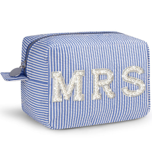 QFDS Gift for MRS,Birthday Gifts for Women,Bride,Wife,Grandmother,Large Stripe Makeup Bag Cosmetics Bag,Bling Pearl Rhinestone Zipper Pouch (sea blue-MRS)