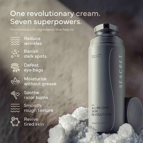 SEACRET Men's All-in-One Face Cream, 7-in-1 Day & Night Moisturizer, Non-Greasy, Anti-Aging formula with Dead Sea Minerals to Hydrate Skin and help Reduce Wrinkles, Dark Spots & Puffiness. 4.4 Fl.Oz.