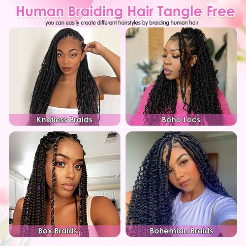Human Braiding Hair for Boho Braids 16 Inch 110g 2 Bundles/Pack Deep Wave 12A Curly Brazilian Virgin Hair Extensions No Weft Knotless Bulk 1B Black