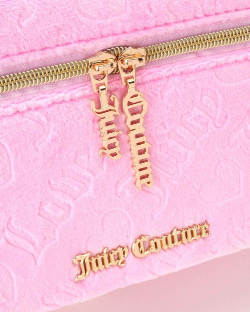 Juicy Couture Pink Makeup Bag Cosmetics Organizer Travel Essentials Train Case Velour Heart Logo