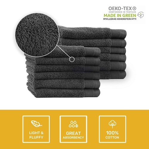 Luxury 100% Cotton Washcloths - Pack of 12, Extra Soft & Fluffy, Quick Dry & Super Absorbent, Hotel Quality, Small Hand Towel Set for Gym, Salon, Spa & Home, White / Charcoal Gray - 13" x 13"