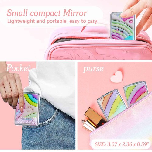DOOSAI Cute Rainbow 4 Pcs Pocket Mirror Kits for Purse, Quicksand Portable Small Travel Makeup Mirror with 1X/2X Magnifying, Square Foldable PU Leather Cosmetic Mirror for Children and Girls