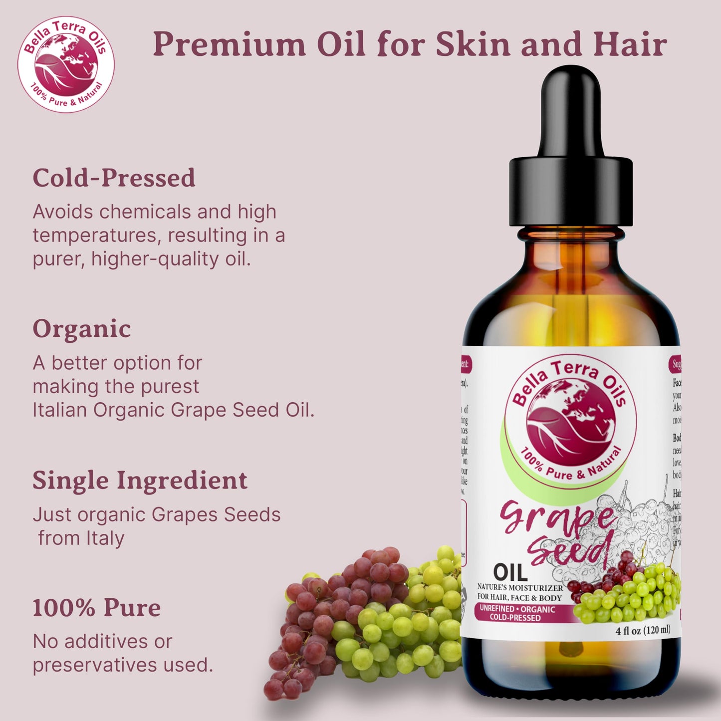 Bella Terra Oils - Organic Grape Seed Oil 2oz - A Symphony of Vitamins & Fatty Acids, Cold-Pressed, Unveiling Organic Grape's Skin-Enriching Secrets