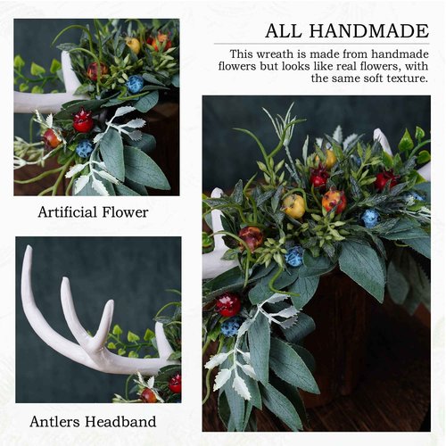MOSTORY Handmade White Antler Headband with Green Leaves - Woodland Deer Horns Hairband Forest Reindeer Headpiece with Fruits for Women Girls Renaissance Hallowen Cosplay Photo Shoot