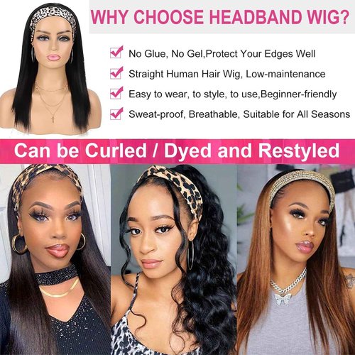 Headband Wig Human Hair Straight Headband Wigs for Black Women Glueless None Lace Front Human Hair Half Wig Brazilian Virgin Hair Machine Made Wigs Natural Color 150% Density 12 Inch