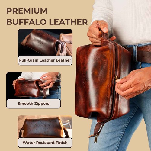 Premium Leather Travel Toiletry Bag for Men and Women, King-Size Dopp Kit with Waterproof Lining, Mens Toiletry Travel Bag, Men's Toiletry Bag, Mens Travel Bag Toiletry Kit, Leather Toiletry Bag Men