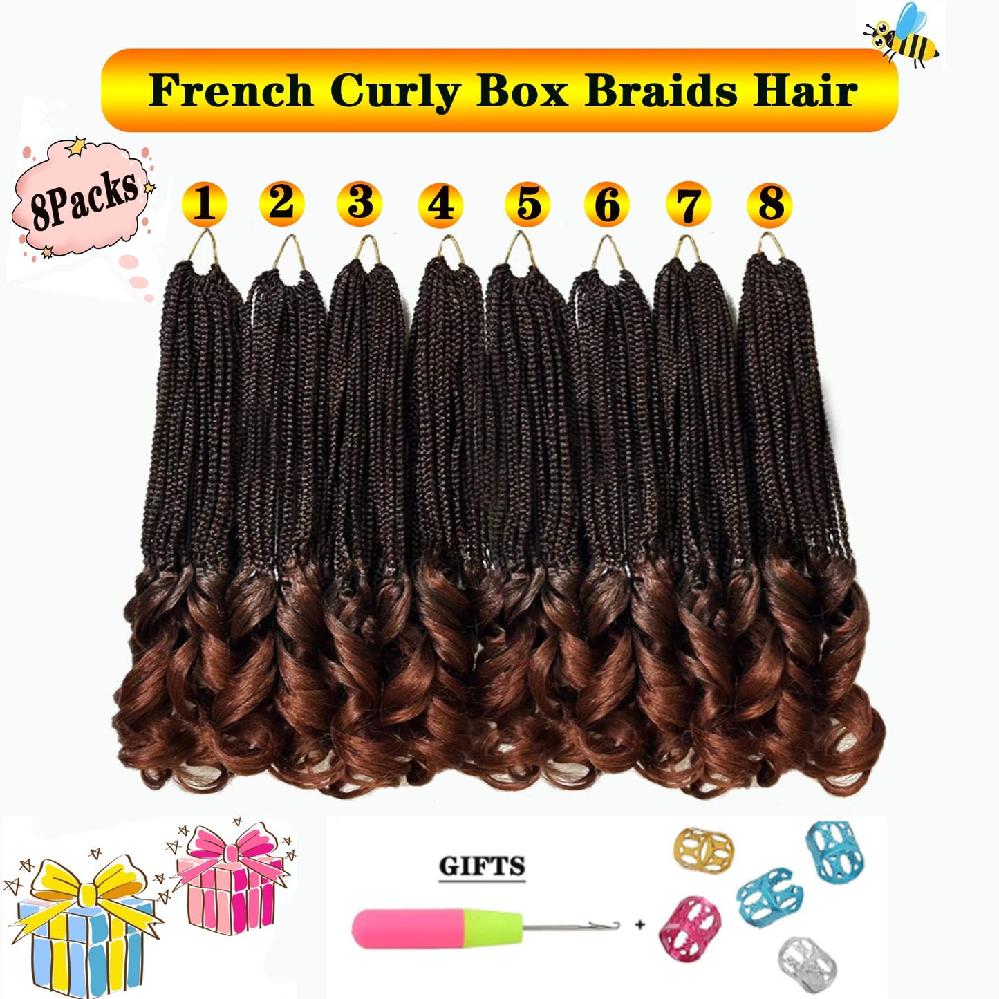 16 Inch French Curl Crochet Braids 8 Packs Goddess Box Braids Crochet Hair with Curl Ends, Pre-Looped Boho French Curly Braiding Hair Ginger for Black Women(8Packs,T350#)