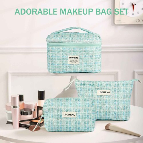 Lodmemo Makeup Bag 3 PCS Quilted Cosmetic Bags for Women, Large Travel Make up Bag Set Cute Cotton Toiletry Bag Organizer Pouch for Purse, Green