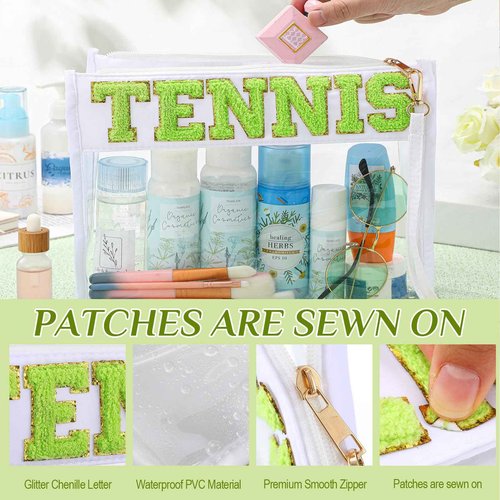 Remerry Clear Chenille Letter Makeup Bag Stand up Snack Bags Preppy Cosmetic Pouch Expandable Clear Travel with Wrist Strap Zipper Portable Multipurpose PVC Nylon for Women Travel(White,Tennis)