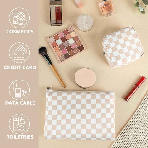 Fammart Checkered Makeup Bag, Travel Cosmetic Bag Organizer Toiletry Bag Make Up Bags with Zipper & Compartments for Women Girls